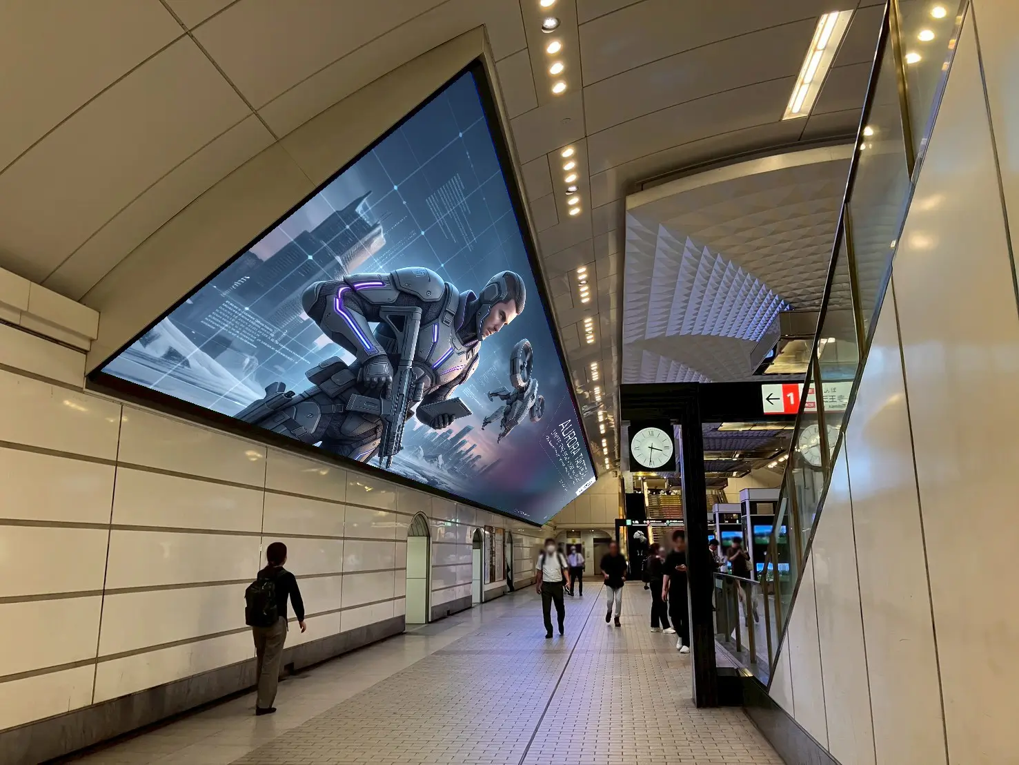 大阪メトロ御堂筋線梅田駅コンコースにある日本最大級の横長LEDサイネージ「Umeda Arch Vision」の広告掲出イメージ