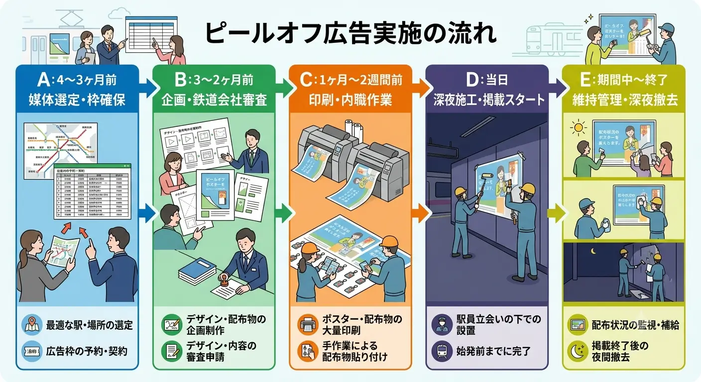 ピールオフ広告の企画から施工・撤去までの実施フローチャート