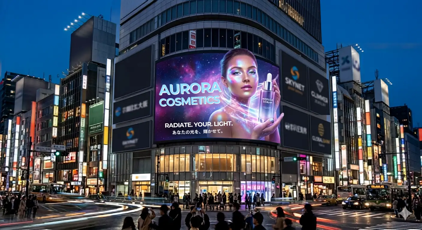 OOH広告の最新トレンドである都市部の大型3Dデジタルサイネージ(DOOH)イメージ図