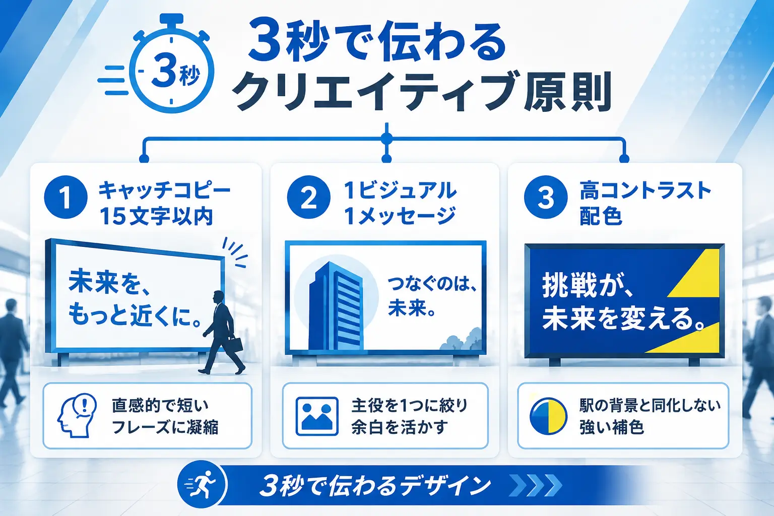 駅広告クリエイティブで3秒で伝わるデザイン3大ルールの構造図