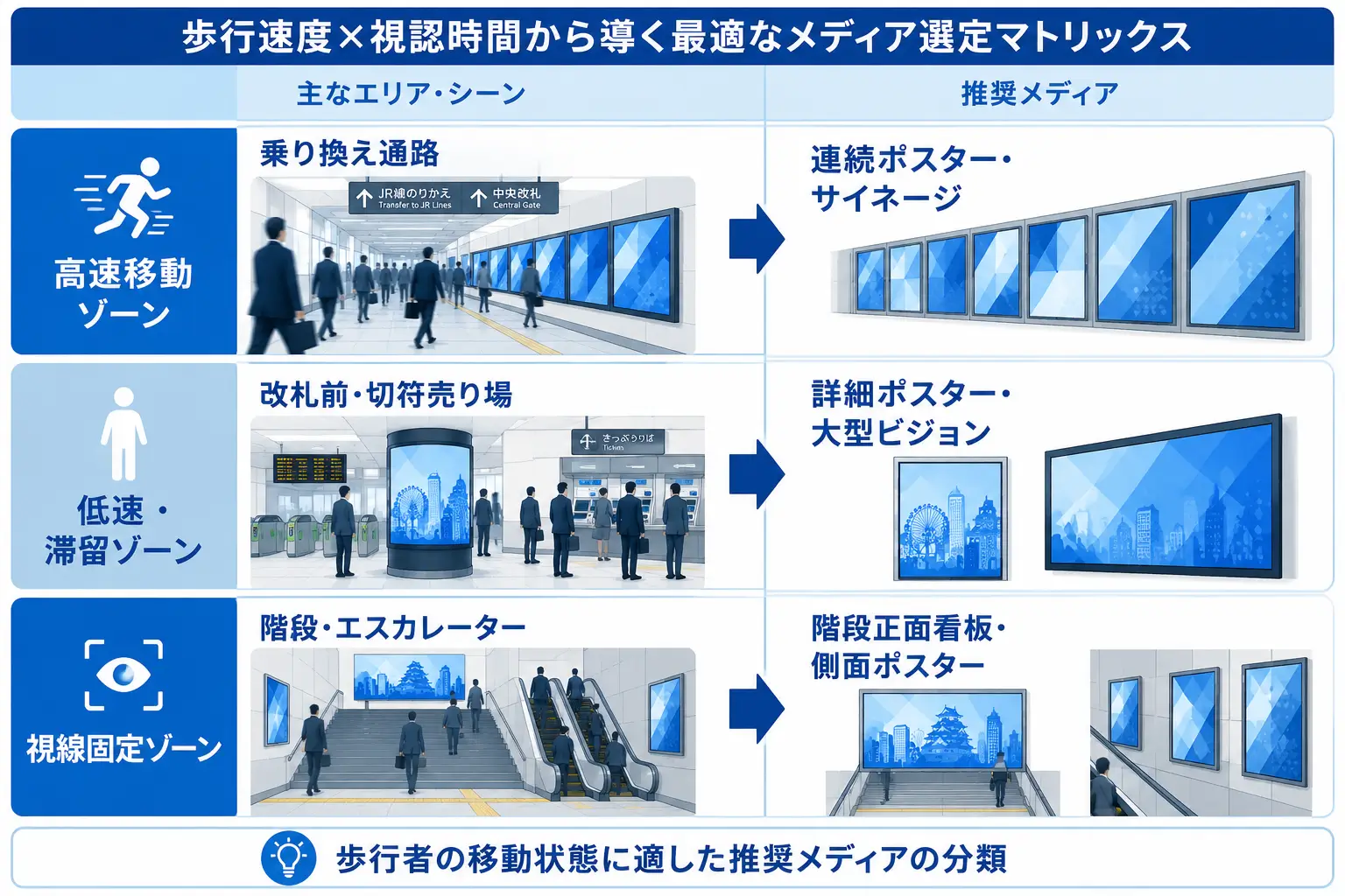 歩行スピードと視認時間に基づく駅広告メディア選定マトリックス