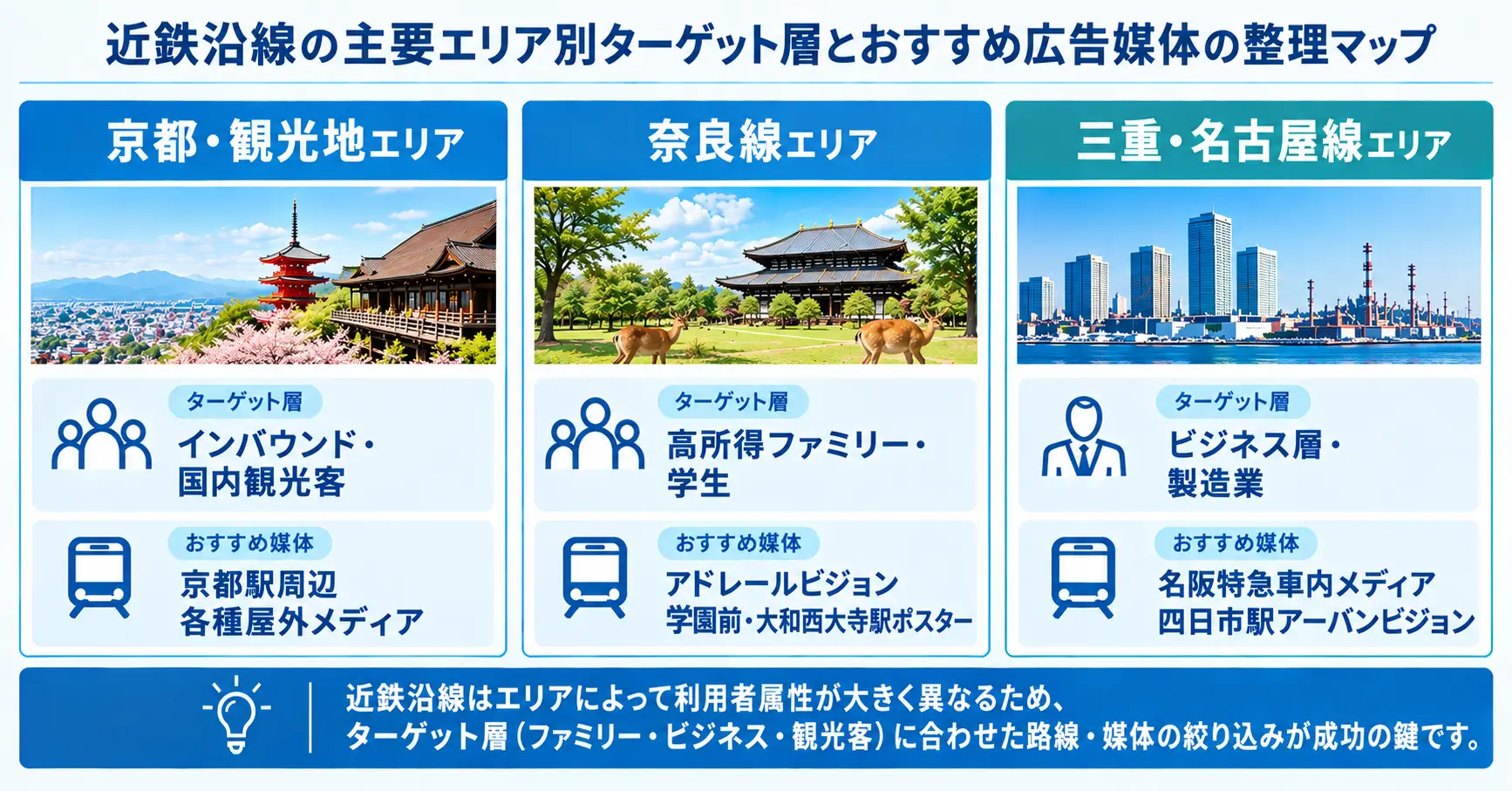 近鉄沿線エリア別ターゲット層と推奨広告媒体の分類構造図