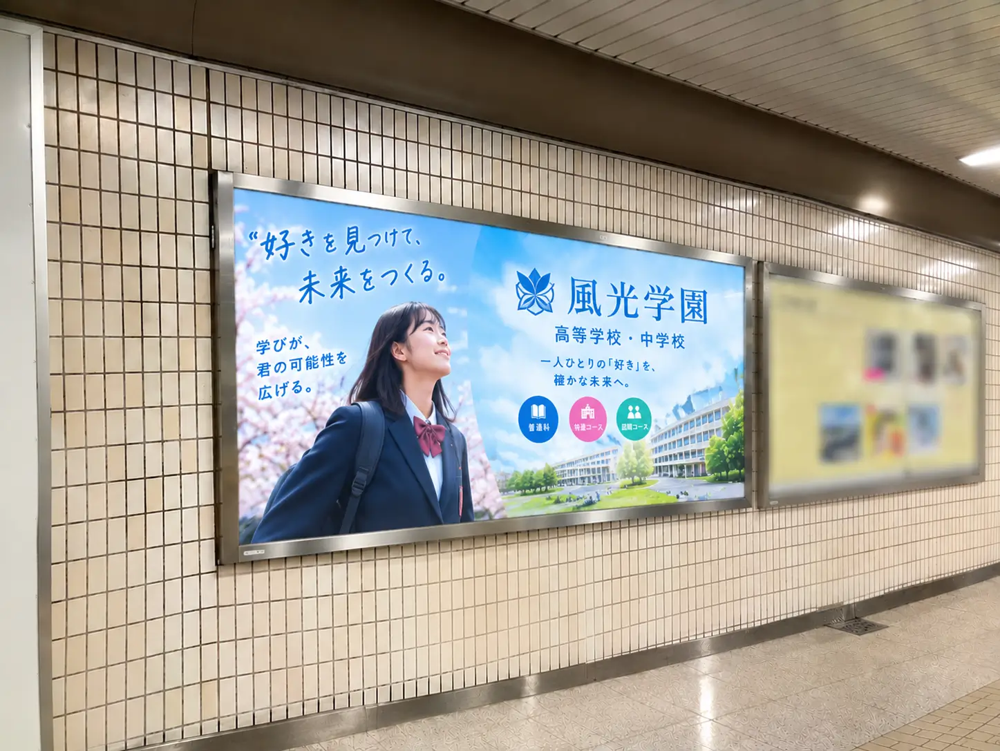 地下鉄通路の壁面に掲出された学校法人（風光学園）の大型電飾看板の掲出イメージ